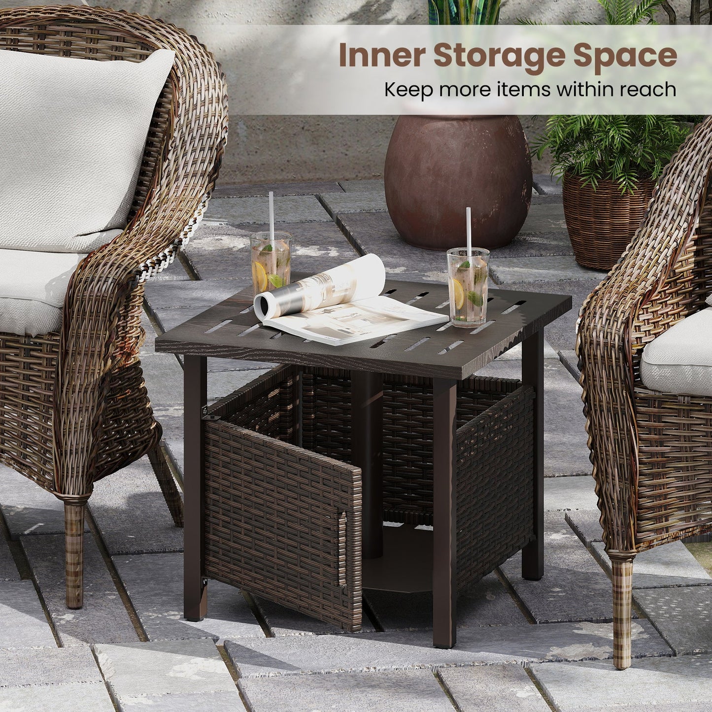 Outdoor Side Table with 1.93" Umbrella Hole All-Weather PE Wicker Patio Umbrella Table-Brown