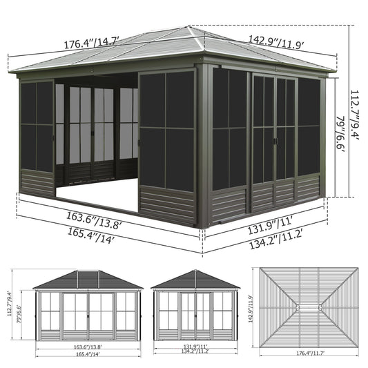12x14FT Outdoor Sunroom, Galvanized Steel Hardtop Gazebo