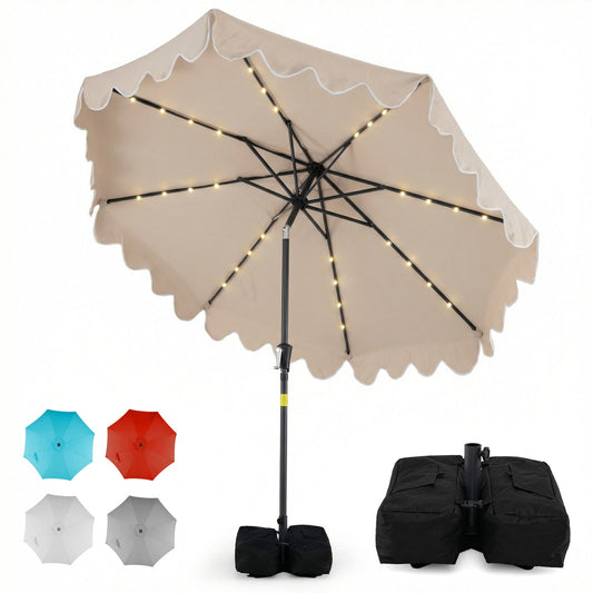 9 FT Outdoor Patio Umbrella with Solar LED Lights and Weighted Base