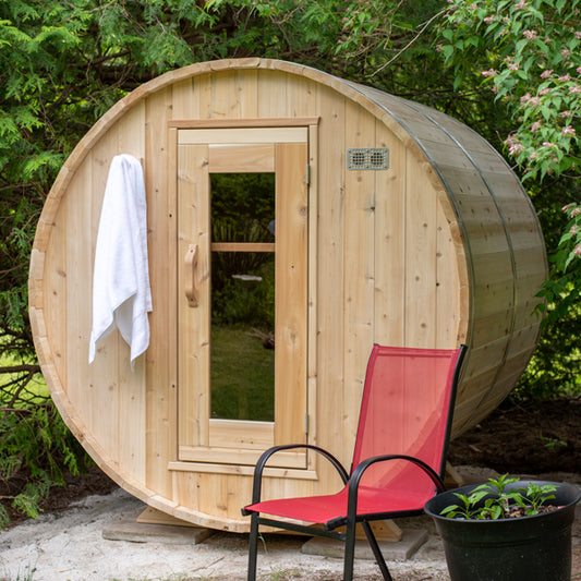 Leisurecraft Canadian Timber Harmony sauna — supplier photograph; optional equipment may be shown
