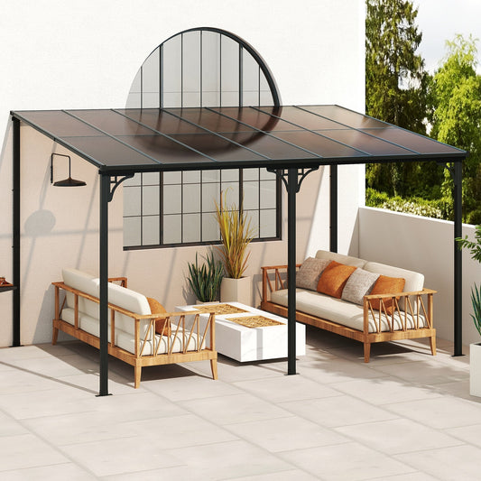 10 x 13 - Wall-Mounted Patio Gazebo Large Outdoor Hardtop Pergola with Sloped Polycarbonate Roof-Black