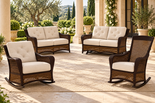 Lloyd Flanders Grand Traverse Lounge Rocker in a styled Grand Traverse veranda setting; Caramel weave and Canvas Natural cushions