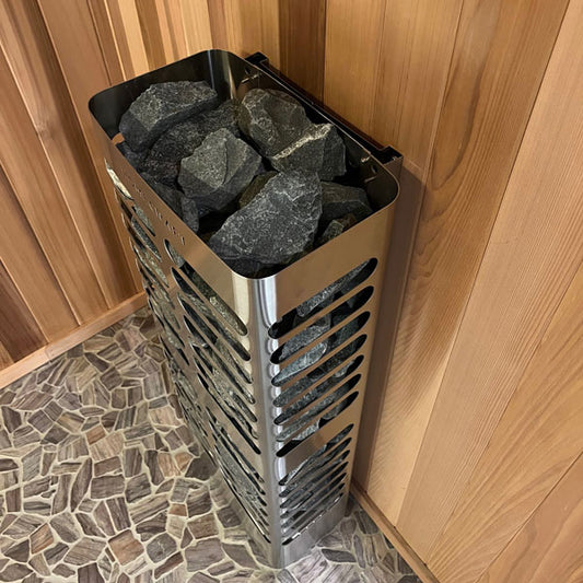 Homecraft Revive Slim 6 kW sauna heater, supplier SKU REVS60; stones and other optional accessories pictured are sold separately
