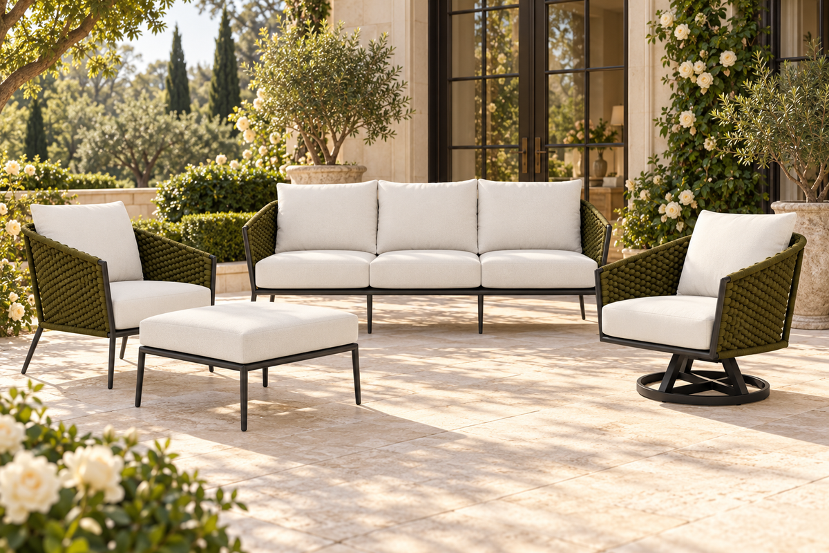 Lloyd Flanders Escape Sofa in an AI-styled garden setting; olive weave, charcoal frames and Canvas Natural cushions