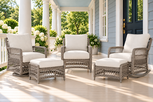 AI-styled Mackinac front-porch grouping with swivel glider, lounge chair, lounge rocker and two Mackinac ottomans; each product sold separately.