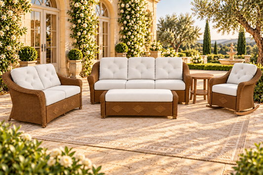 Lloyd Flanders Reflections coordinated seating with ottoman and round teak side table in a luxurious garden terrace setting
