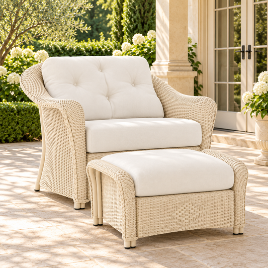 Lloyd Flanders Reflections Chair and a Half with matching ottoman in light linen frame finish on a garden patio