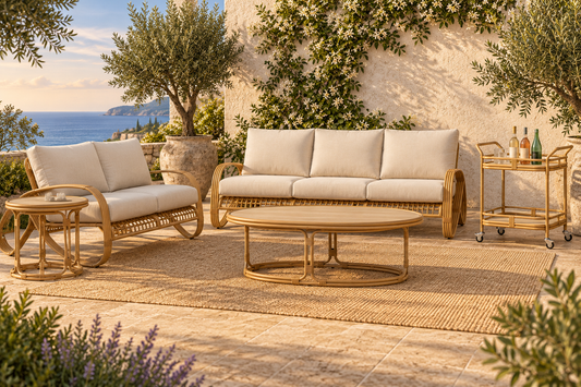 Lloyd Flanders Riviera sofa, loveseat, oval coffee table, end table and styled bar cart on an elegant coastal patio