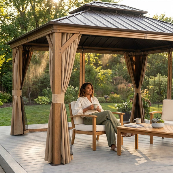 Outdoor Gazebo Built for Year-Round Use, Hardtop Steel Roof, Aluminum Frame, Mosquito Netting, 12x10 Ft