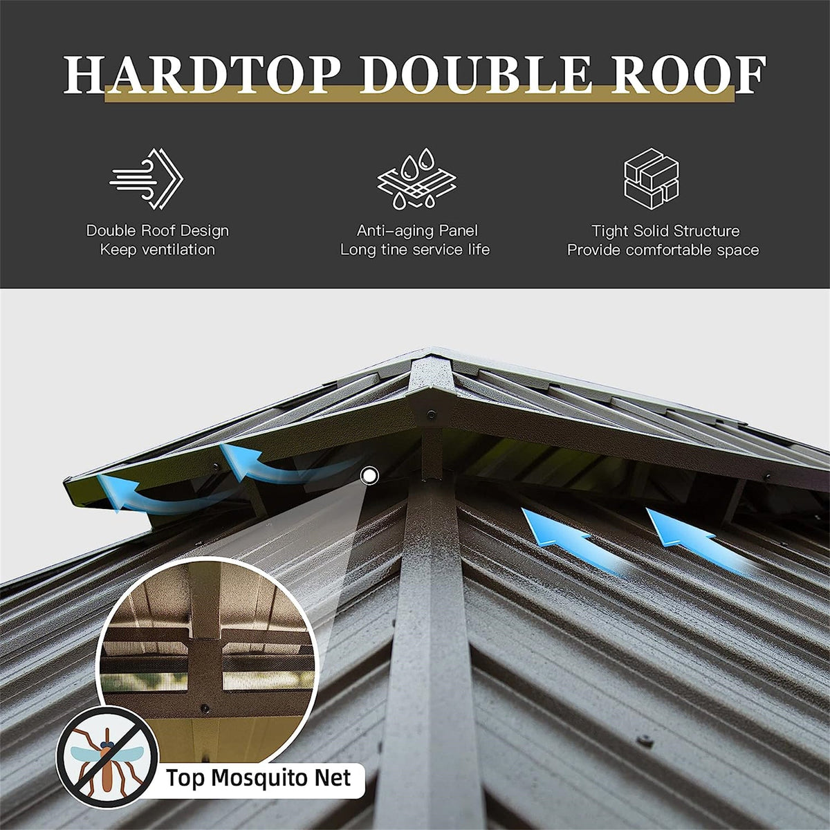 10'x12' Hardtop Gazebo with Wooden Coated Aluminum Frame and Double Steel Roof