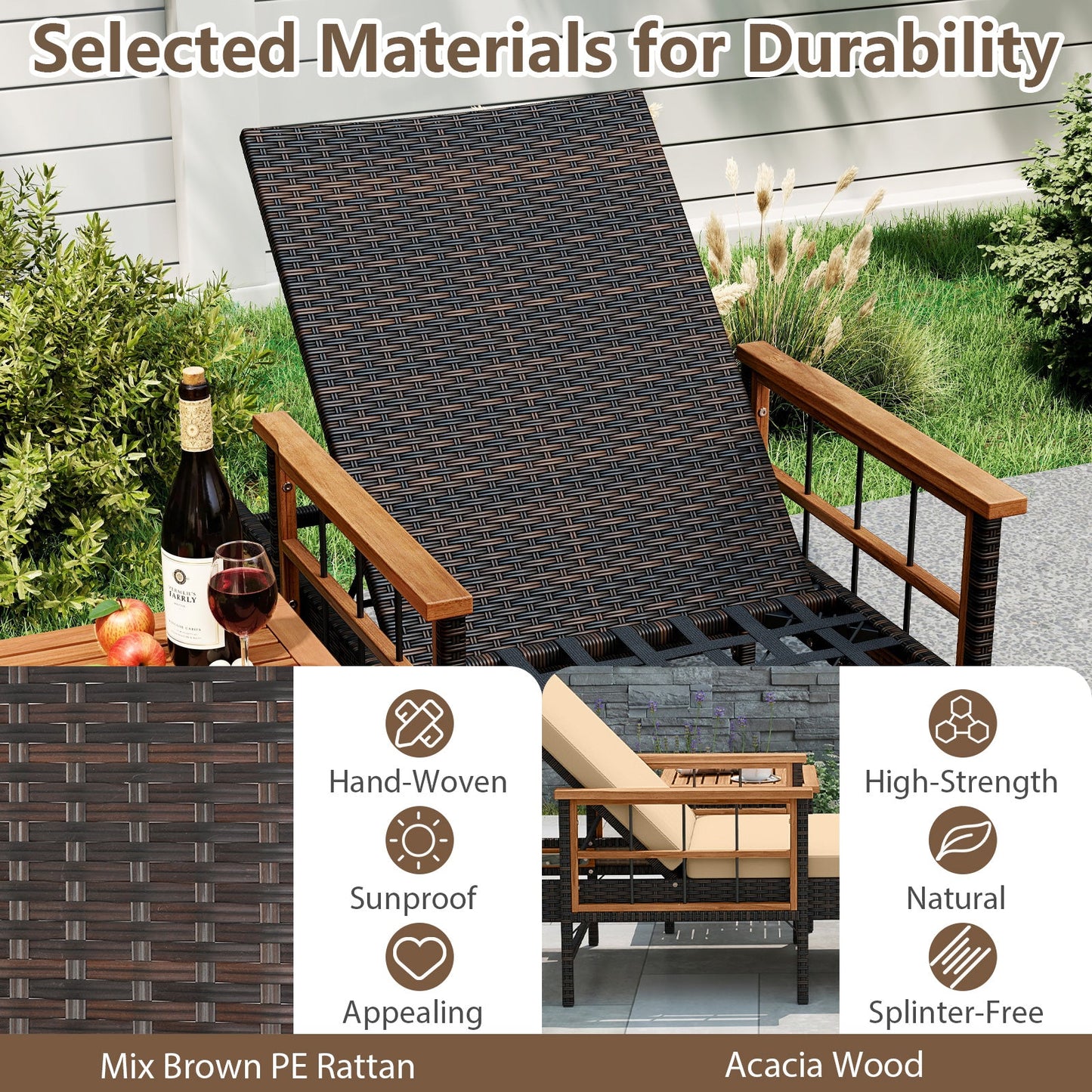 3 Pieces Patio Chaise Lounge Set for Poolside Backyard Porch