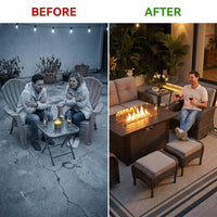 7 Piece Outdoor Patio Furniture Set, Patio Furniture Set with Fire Pit Table Rattan Wicker Patio Furniture Set, Brown Wicker & Beige Cushion — Before & After