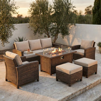 7 Piece Outdoor Patio Furniture Set, Patio Furniture Set with Fire Pit Table Rattan Wicker Patio Furniture Set, Brown Wicker & Beige Cushion — Studio Shot