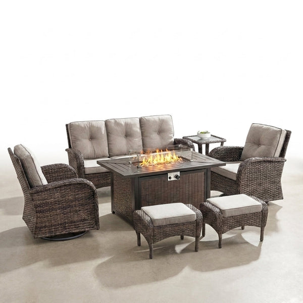 7 Piece Outdoor Patio Furniture Set, Patio Furniture Set with Fire Pit Table Rattan Wicker Patio Furniture Set, Brown Wicker & Beige Cushion — Studio Shot