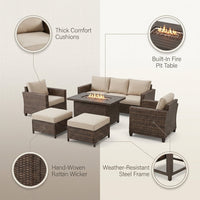 7 Piece Outdoor Patio Furniture Set, Patio Furniture Set with Fire Pit Table Rattan Wicker Patio Furniture Set, Brown Wicker & Beige Cushion — infographic