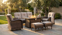 7 Piece Outdoor Patio Furniture Set, Patio Furniture Set with Fire Pit Table Rattan Wicker Patio Furniture Set, Brown Wicker & Beige Cushion — Lifestyle
