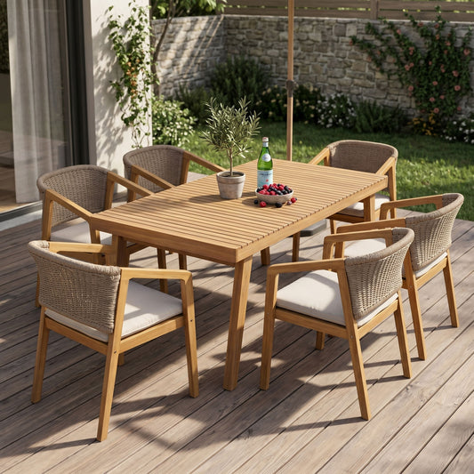 7-Piece Outdoor Acacia Wood Dining Set, 69" Rectangular Patio Table & 6 Mix