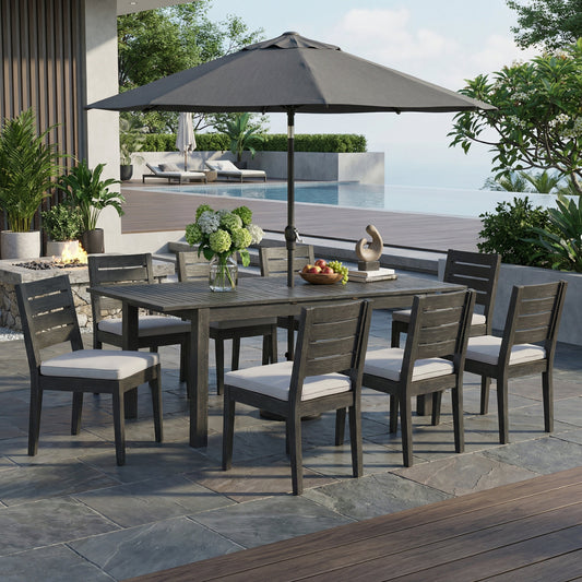 9-Piece Outdoor Dining Set with Extendable Acacia Wood Table and Cushioned Chairs