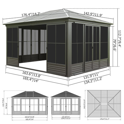 12x14FT Outdoor Sunroom, Galvanized Steel Hardtop Gazebo