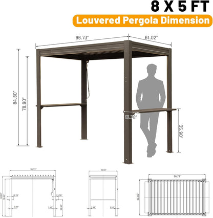 8x5 Ft Grill Louvered Pergola with Adjustable Roof and Built-in Gutter