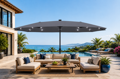 Ainfox 13ft Outdoor Patio Umbrella with Lights and Decorative Pattern Umbrella Base