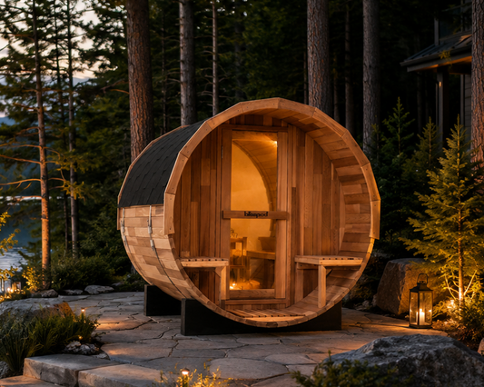 Blisspod, Prague, Canadian Red Cedar Outdoor Steam Barell Sauna, 2-4 / 4-6 persons with Full Glass Back & 2 front Porch seats
