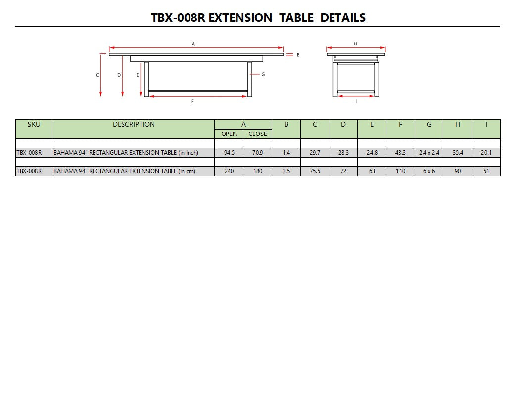 BAHAMA 94″ RECTANGULAR EXTENSION TABLE