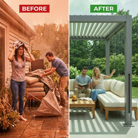 Outdoor Pergola Built for All-Weather Luxury, Adjustable Louvered Roof, Aluminum Frame, Integrated Drainage — Before & After