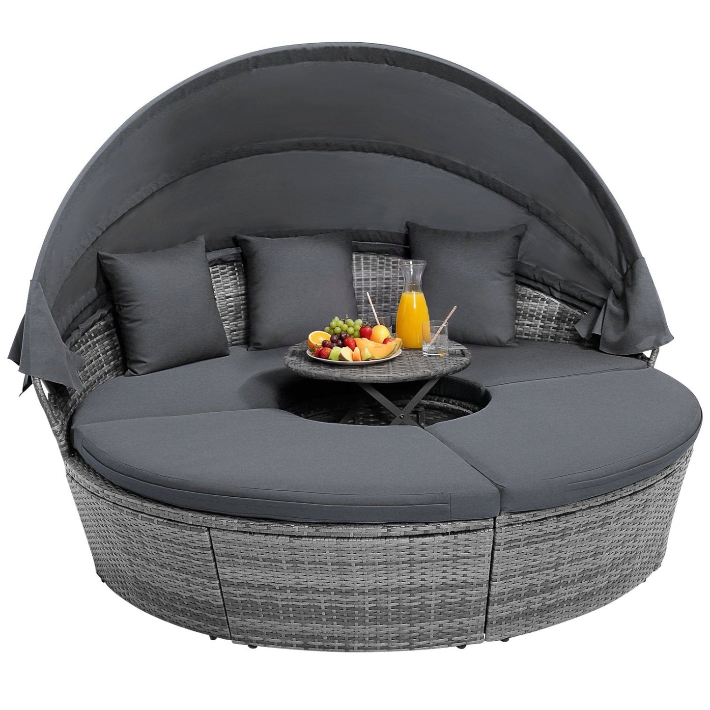 Outdoor PE Wicker Round Daybed with Retractable Canopy and Cushions-Navy