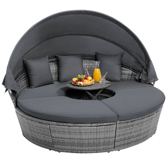 Outdoor PE Wicker Round Daybed with Retractable Canopy and Cushions-Navy