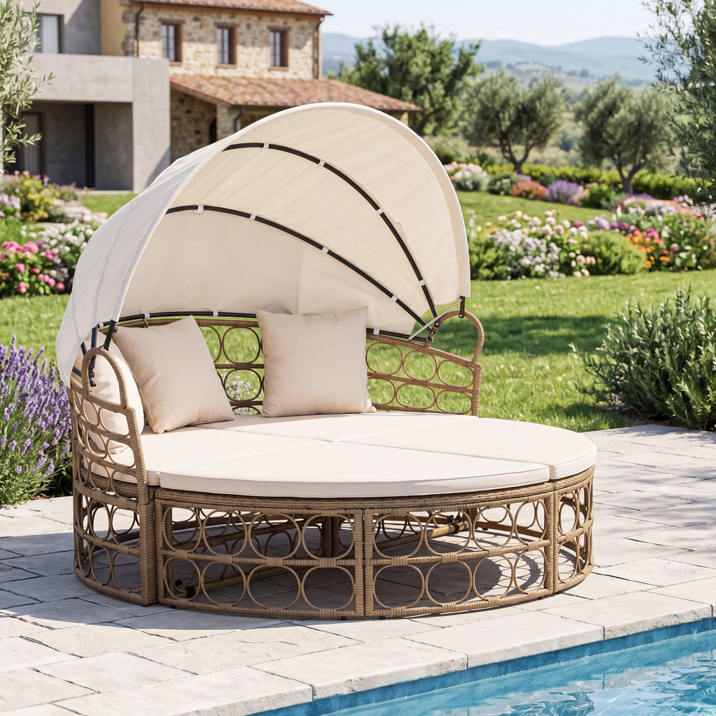 Outdoor Patio Daybed with Retractable Canopy and Cushions