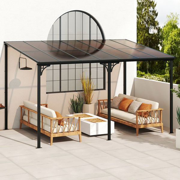 10 x 13 - Wall-Mounted Patio Gazebo Large Outdoor Hardtop Pergola with Sloped Polycarbonate Roof-Black