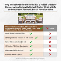 Wicker Patio Furniture Sets,5 Pieces Outdoor Conversation Sets with Swivel Rocker Chairs Sofa and Ottomans for Deck Porch Poolside — Comparison