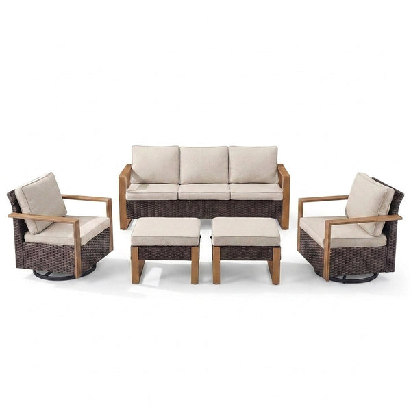 Wicker Patio Furniture Sets,5 Pieces Outdoor Conversation Sets with Swivel Rocker Chairs Sofa and Ottomans for Deck Porch Poolside — Studio Shot