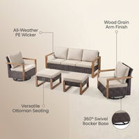 Wicker Patio Furniture Sets,5 Pieces Outdoor Conversation Sets with Swivel Rocker Chairs Sofa and Ottomans for Deck Porch Poolside — infographic