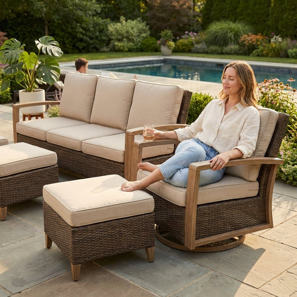 Outdoor Conversation Set Built for All-Weather Use, 5 Pieces, Swivel Rocker Chairs, 50,000 BTU Fire Pit Table