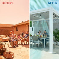 Windham 14' X 10' Modern Galvanized Steel Outdoor Patio Pergola Kit with Shade Sail Canopy and Powerport — Before & After