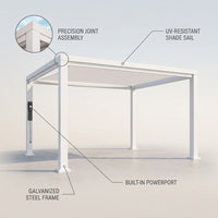 Windham 14' X 10' Modern Galvanized Steel Outdoor Patio Pergola Kit with Shade Sail Canopy and Powerport — infographic