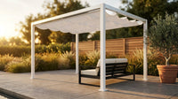 Windham 14' X 10' Modern Galvanized Steel Outdoor Patio Pergola Kit with Shade Sail Canopy and Powerport — Lifestyle