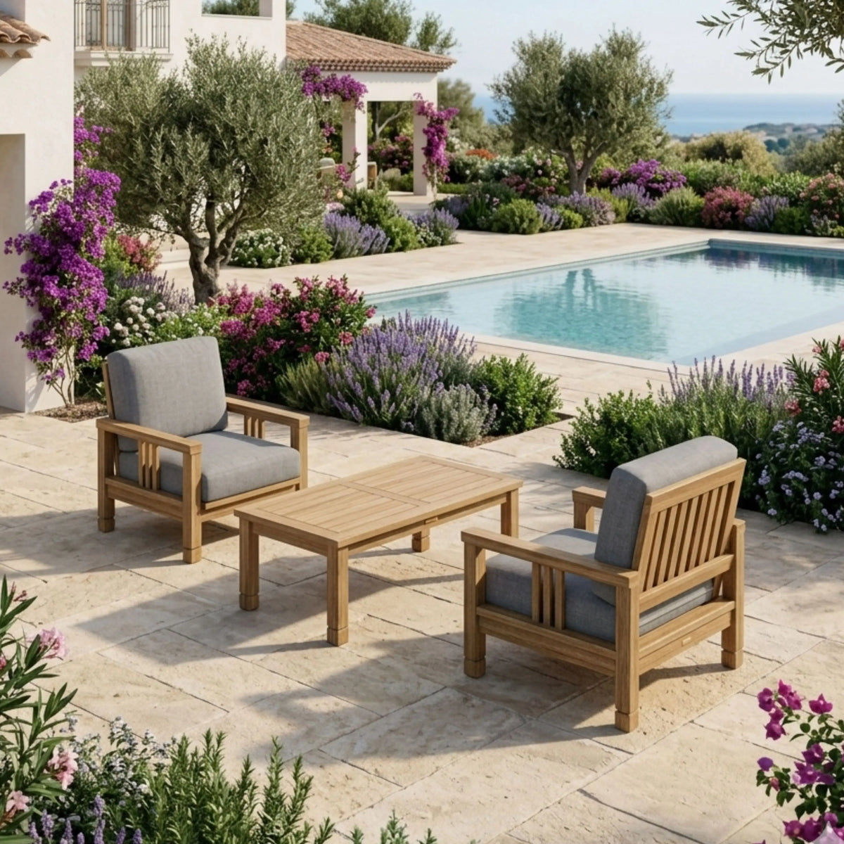Anderson Teak SouthBay 3-Piece Teak Lounge Set, Rectangular Table — supplier product photograph 1