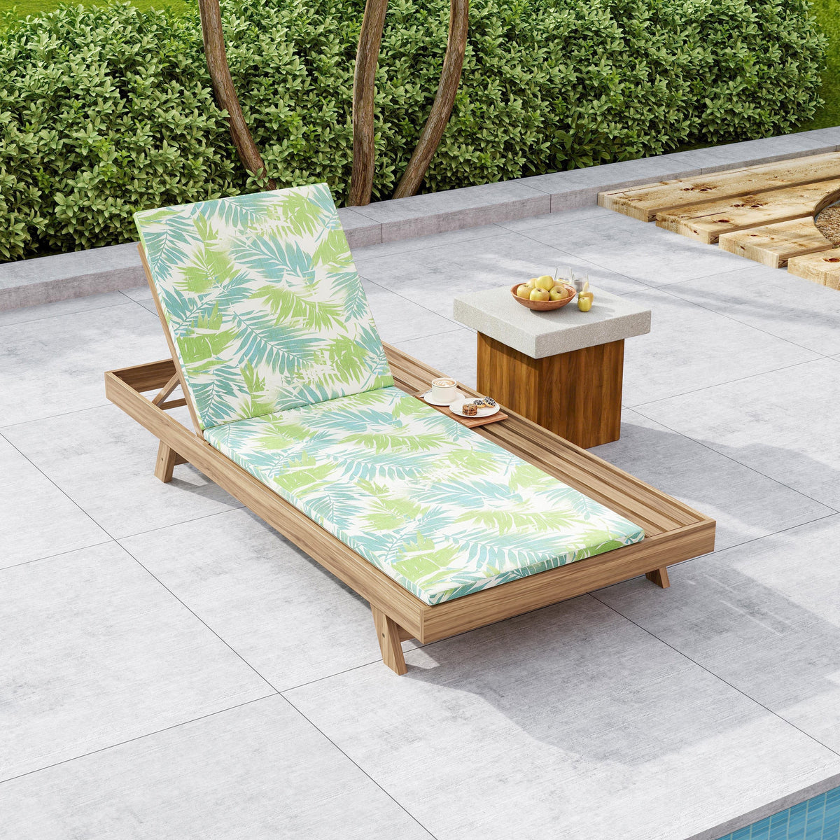 Lounge Chaise Set, Space Available On One Side, Acacia Wood In light brown With Water-Resistant Lounge Cushions (Leaf Coconut & 2 Inch Thick) – Matching Cream/Dark Grey Version Available
