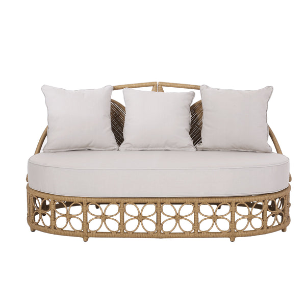 Outdoor Wicker Daybed with Pillows, Light Brown and Beige
