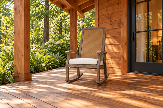 Lloyd Flanders Frontier High Back Porch Rocker, sold individually, in an AI-styled cedar cabin porch setting with a wood deck and leafy garden.