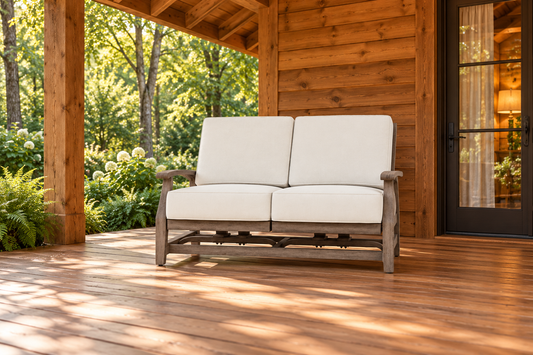 Lloyd Flanders Frontier Spring Rocker Loveseat, sold individually, in an AI-styled cedar cabin porch setting with a wood deck and leafy garden.