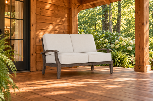 Lloyd Flanders Frontier Loveseat, sold individually, in an AI-styled cedar cabin porch setting with a wood deck and leafy garden.