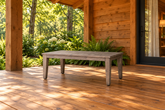 Lloyd Flanders Frontier 45" Cocktail Table, sold individually, in an AI-styled cedar cabin porch setting with a wood deck and leafy garden.