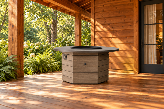 Lloyd Flanders Frontier 48" Hexagonal Fire Table, sold individually, in an AI-styled warm cabin setting.