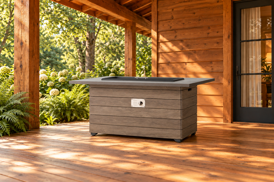 Lloyd Flanders Frontier 52" Rectangular Fire Table, sold individually, in an AI-styled warm cabin setting.