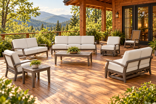Lloyd Flanders Frontier Spring Rocker Loveseat shown with the Frontier collection in an AI-styled cabin setting. Each furniture product is sold individually; other items pictured are not included.