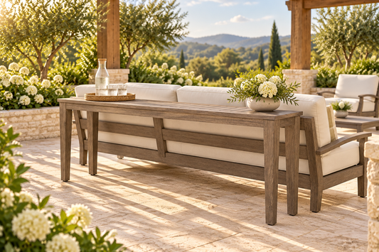 Lloyd Flanders Frontier 58" Console Table styled behind a sofa as an outdoor serving console in an AI-styled garden pavilion. Sofa and accessories are sold separately.